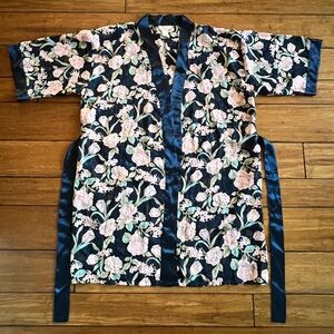 Vintage Inner Most Sheer Kimono Robe - Navy with Pink Floral Size L